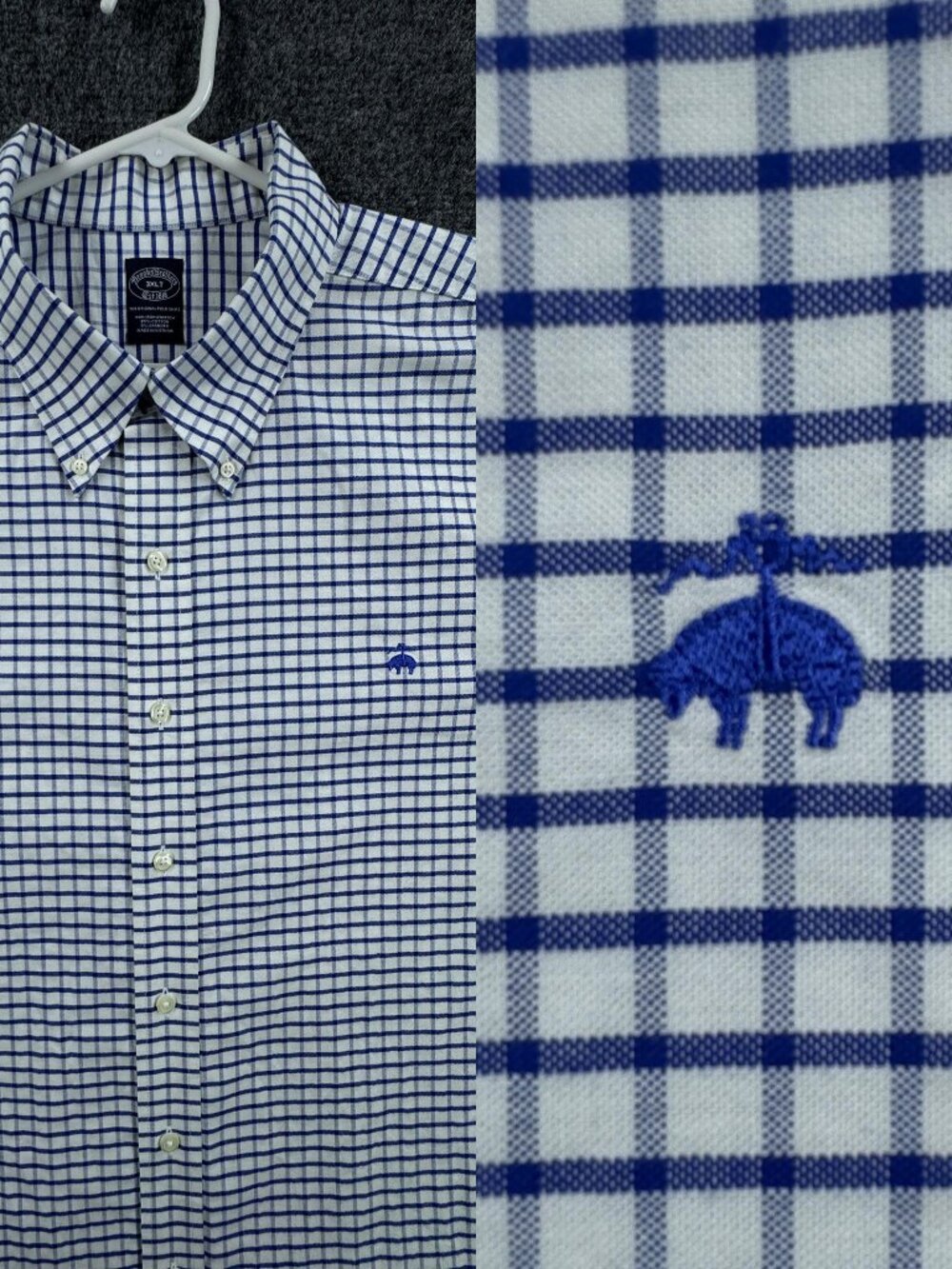 Brooks Brothers Oxford OCBD White Blue Logo Check Non-Iron Men 3XLT Button-Down